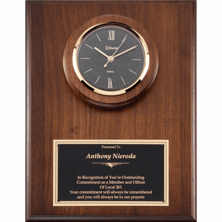 Personalized Genuine Walnut Recognition Plaque with Inlaid Clock with Black Dial