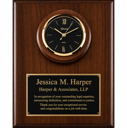 Personalized Genuine Walnut Recognition Plaque with Inlaid Clock with Black Dial