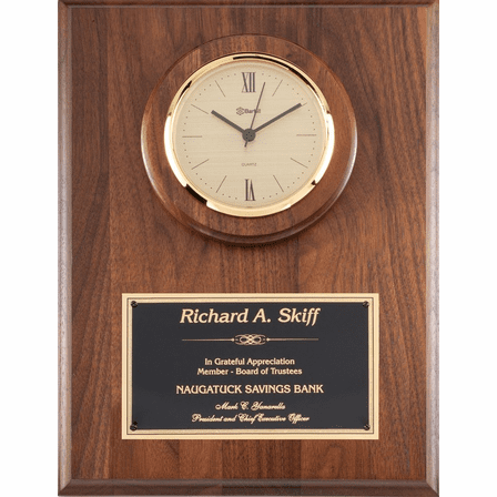 Personalized Genuine Walnut Recognition Plaque with Inlaid Clock with Cream Dial