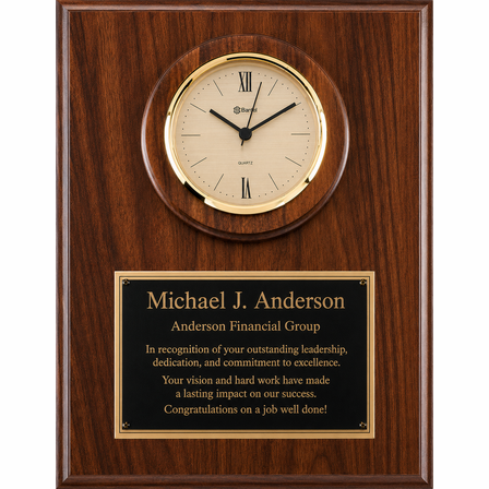 Personalized Genuine Walnut Recognition Plaque with Inlaid Clock with Cream Dial