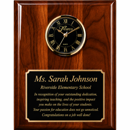 Personalized Piano Finish Walnut Recognition Plaque with Inlaid Clock with Black Dial