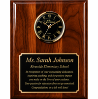 Personalized Piano Finish Walnut Recognition Plaque with Inlaid Clock with Black Dial