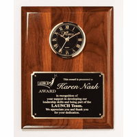Personalized Piano Finish Walnut Recognition Plaque with Inlaid Clock with Black Dial