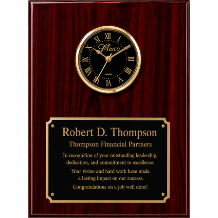 Personalized Rosewood Finish Recognition Plaque with Inlaid Clock with Black Dial