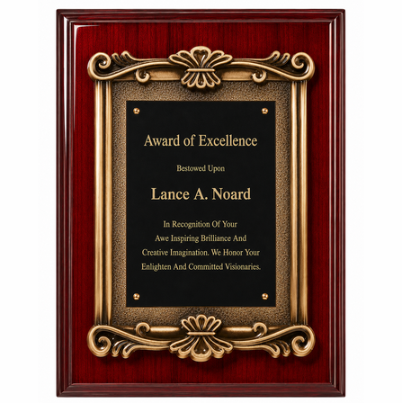 Personalized  Rosewood Plaque with Antique Bronze Floral Casting & Engraving Plate