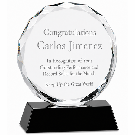 Personalized Round Crystal Recogntition Award On Black Crystal Base - 7" Height