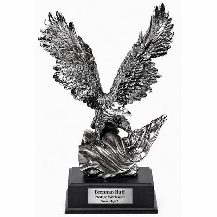 Personalized Silver Soaring Eagle & Flag on Black Podium Base