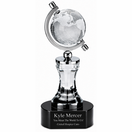 Personalized Spinning Crystal Globe On Black Pedestal