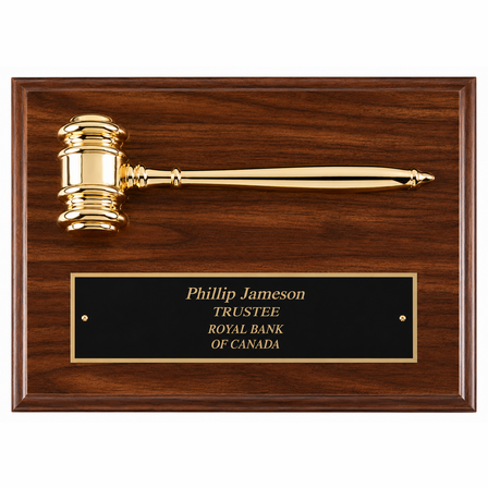 Personalized Walnut Finish Plaque with Attached Gold Gavel