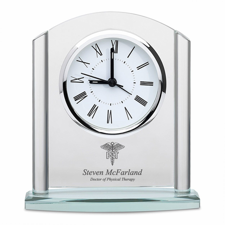 Physical Therapist Arched Glass Personalized Desk Clock with Silver Finish Accents