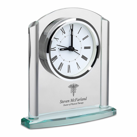 Physical Therapist Arched Glass Personalized Desk Clock with Silver Finish Accents