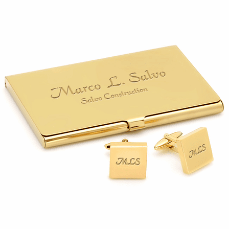 Polished Gold Engraved Business Card Holder & Cufflinks Gift Set