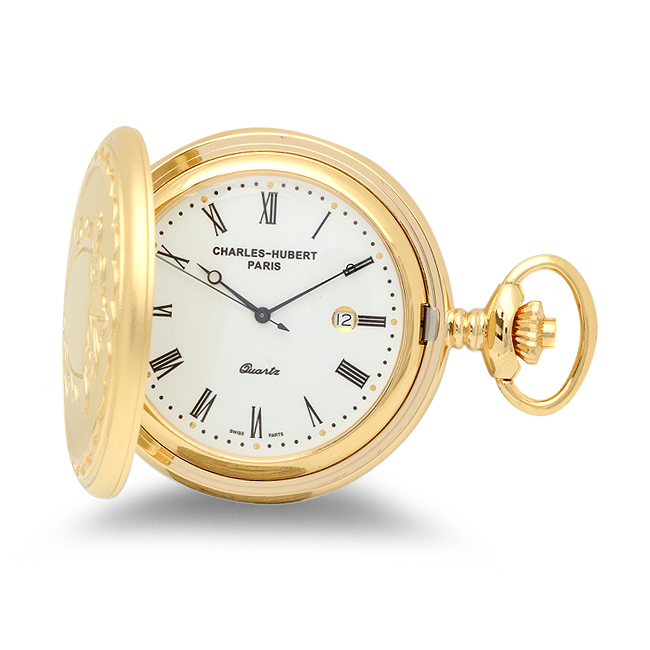 Personalized Gold Quartz Charles Hubert Pocket Watch & Chain 3675