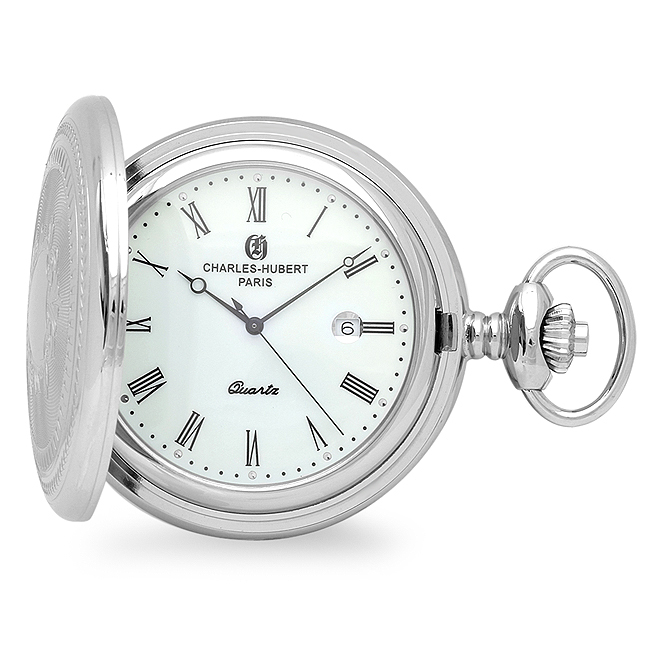 Polished Silver Quartz Pocket Watch & Chain Executive Gift Shoppe