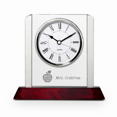 Prestige Collection Best Teacher Ever Theme Personalized Rosewood, Glass & Steel Desktop Clock