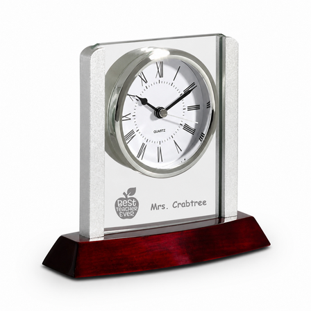 Prestige Collection Best Teacher Ever Theme Personalized Rosewood, Glass & Steel Desktop Clock