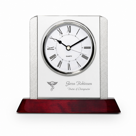 Prestige Collection Chiropractor Theme Personalized Rosewood, Glass & Steel Desktop Clock