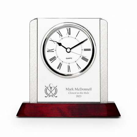 Prestige Collection Crossing Golf Clubs Theme Theme Personalized Rosewood, Glass & Steel Desktop Clock
