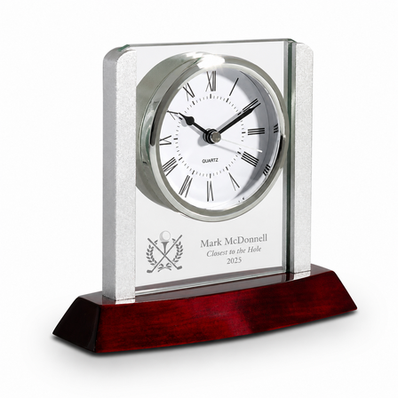 Prestige Collection Crossing Golf Clubs Theme Theme Personalized Rosewood, Glass & Steel Desktop Clock