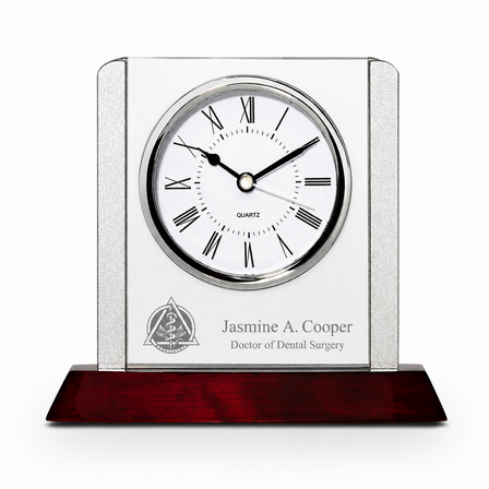 Prestige Collection Dentist Theme Personalized Rosewood, Glass & Steel Desktop Clock