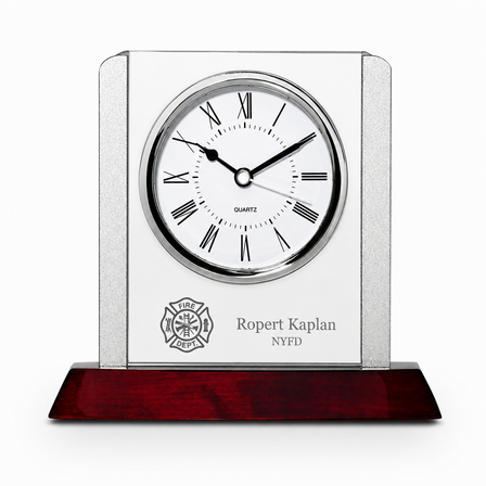 Prestige Collection Firefighter Theme Personalized Rosewood, Glass & Steel Desktop Clock