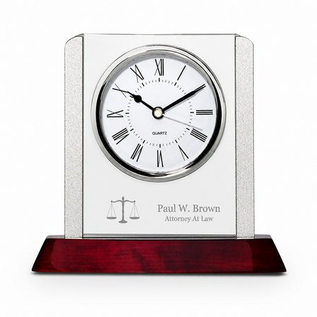Prestige Collection Lawyer Theme Personalized Rosewood, Glass & Steel Desktop Clock