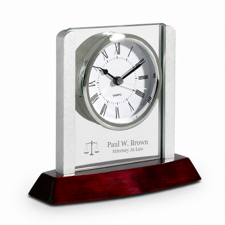 Prestige Collection Lawyer Theme Personalized Rosewood, Glass & Steel Desktop Clock