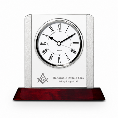 Prestige Collection Masonic Theme Personalized Rosewood, Glass & Steel Desktop Clock