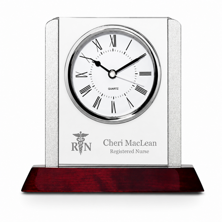 Prestige Collection Nurse Theme Personalized Rosewood, Glass & Steel Desktop Clock