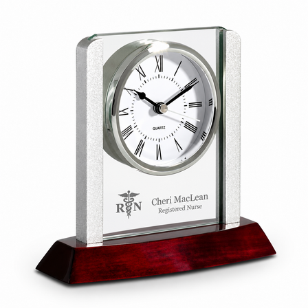 Prestige Collection Nurse Theme Personalized Rosewood, Glass & Steel Desktop Clock