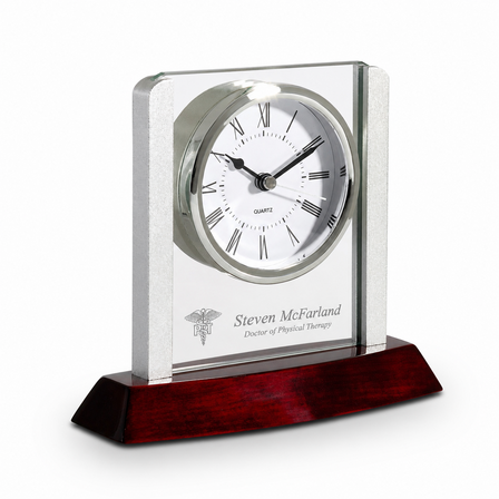 Prestige Collection Physical Therapist Theme Personalized Rosewood, Glass & Steel Desktop Clock