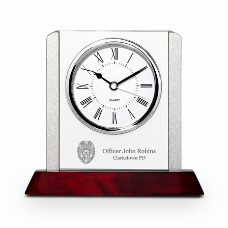 Prestige Collection Police Theme Personalized Rosewood, Glass & Steel Desktop Clock