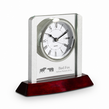 Prestige Collection Wall Street Theme Personalized Rosewood, Glass & Steel Desktop Clock