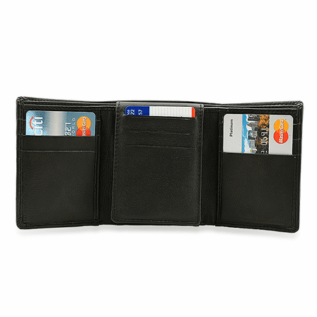 RFID Blocking Black Leather Trifold Wallet With Flip Up ID Holder