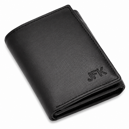 RFID Blocking Black Leather Trifold Wallet With Flip Up ID Holder