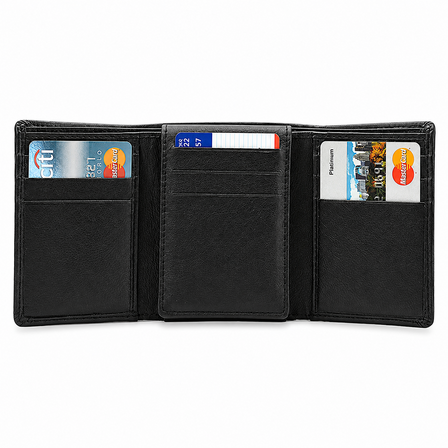 RFID Blocking Black Leather Trifold Wallet With Flip Up ID Holder