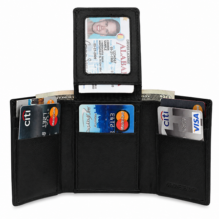 RFID Blocking Black Leather Trifold Wallet With Flip Up ID Holder