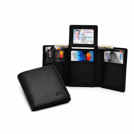 RFID Blocking Black Leather Trifold Wallet With Flip Up ID Holder