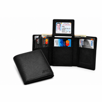 RFID Blocking Black Leather Trifold Wallet With Flip Up ID Holder