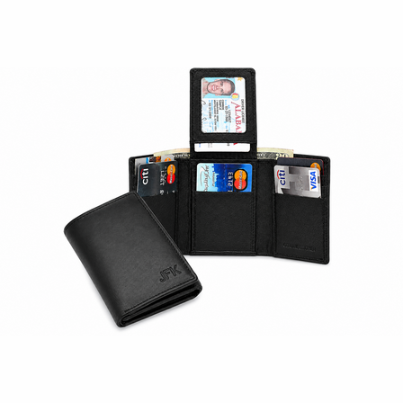 RFID Blocking Black Leather Trifold Wallet With Flip Up ID Holder