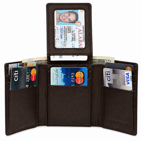 RFID Blocking Brown Leather Trifold Wallet With Flip Up ID Holder
