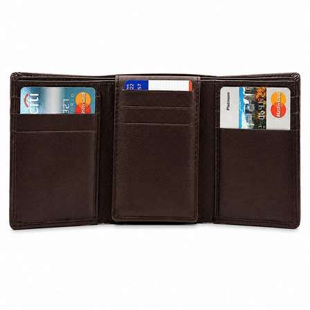 RFID Blocking Brown Leather Trifold Wallet With Flip Up ID Holder
