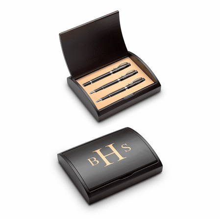 Roman Monogram Laser Engraved Three Piece Black & Silver Pen & Pencil Gift Set