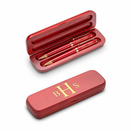 Roman Monogram Theme Personalized Cherry Finish Pen and Pencil Set