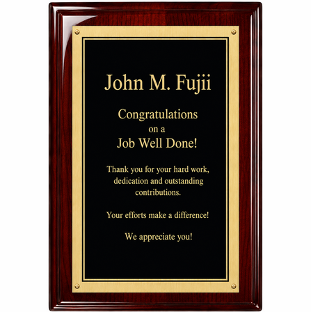 Rosewood Plaque With Black Engraving Plate with Thick Gold Border - RP157