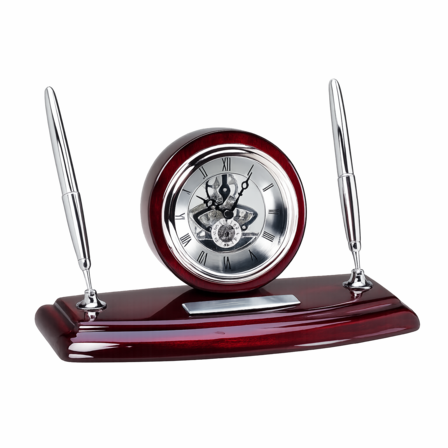 Rosewood & Silver Personalized  Dual Pen Stand & Clock
