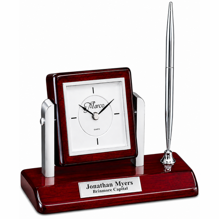 Rosewood & Silver Personalized  Pen Stand & Clock