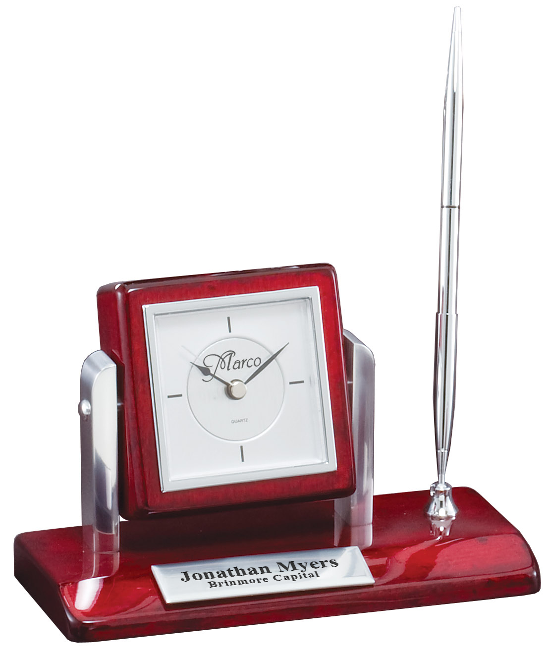 Rosewood & Silver Personalized Pen Stand & Clock Executive Gift Shoppe