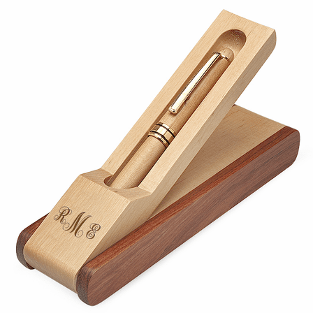 Script Monogram Laser Engraved Flip Over Wooden Pen Stand & Pen