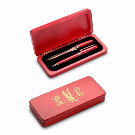 Script Monogram Engraved Black & Gold Ballpoint Pen with Cherry Wood Box